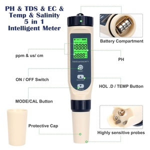 <strong>5</strong> in 1 <strong>Digital</strong> Water Quality Tester Pen Multi-Parameter <strong>Meter</strong> for PH, TDS, EC, Salinity &amp; Temp for Aquaculture, Hydroponic, Pool - Product Image 3
