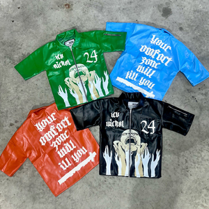 Abbigliamento personalizzato Boxy Y2k Streetwear con Zip <span class=keywords><strong>giacca</strong></span> a maniche corte Applique da lavoro uomo con ricamo in <span class=keywords><strong>pelle</strong></span> sintetica camicie da uomo per uomo - Product Image 1