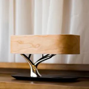 Lampu meja kayu alami sakelar sentuh, pengisi daya nirkabel lampu meja Speaker gigi biru