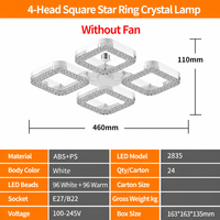 Ventilateur de plafond carré en cristal avec lumière, douille E27, 3 vitesses, télécommande, lampe LED détachable pour chambre à coucher et salon