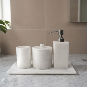 Ensemble de salle de bain de luxe en marbre blanc élégant et écologique, fait main, avec distributeur de savon, porte-savon et plateau, pièce de décoration moderne haut de gamme pour la maison - Product Image 3