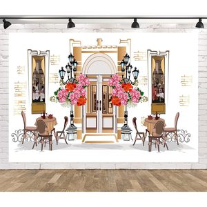 ของตกแต่งติดผนังฉากหลังร้านกาแฟในเมืองเก่าสไตล์ฝรั่งเศสย้อนยุคภาพ7x5ft ฉากหลังถนนร้านกาแฟวาดด้วยมือสำหรับพื้นหลังของหญิงสาวผู้หญิง