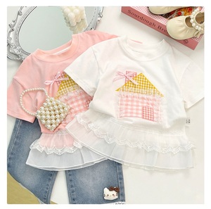 Guai Lüks Bebek Kız Çocukları Yazlık Butik İçin Günlük Kır Evi Aplike İşlemeli Pembe Dantel Detaylı Üst - Product Image 2