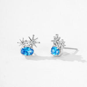Boucles d'oreilles personnalisables en argent sterling S925 avec zircon bleu profond ovale, motif soleil et étoile - Exclusives pour femmes - Product Image 6