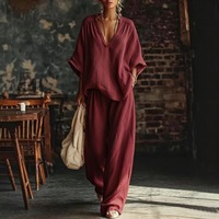 Mode V-hals Korte mouwen Losse top Damespak Zomer Nieuwe Casual Retro Vrouwelijke Vakantie Luie broek 2-delige set