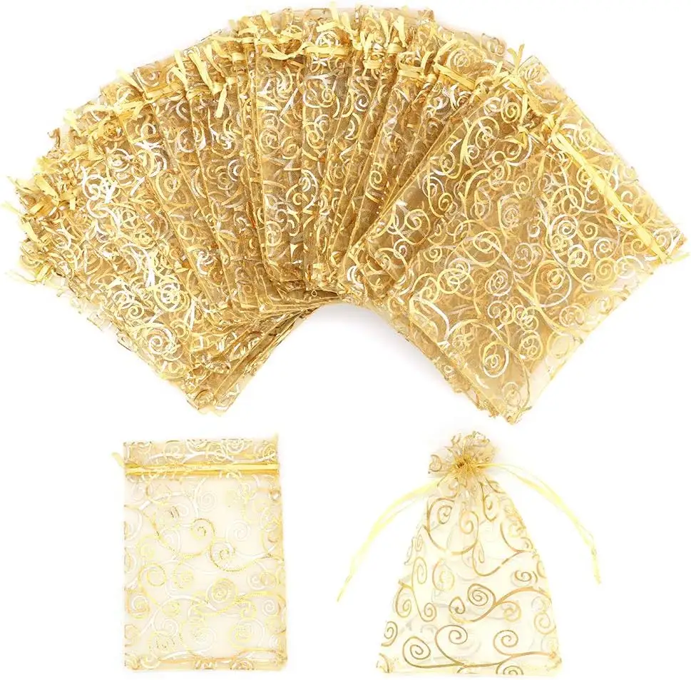 Organza Gift Bags 100Pcs Gold Sheer Organza Bag Drawstring Jewelry Rattan Printed Gift Pouches Mesh Favor Bags for Wedding Party