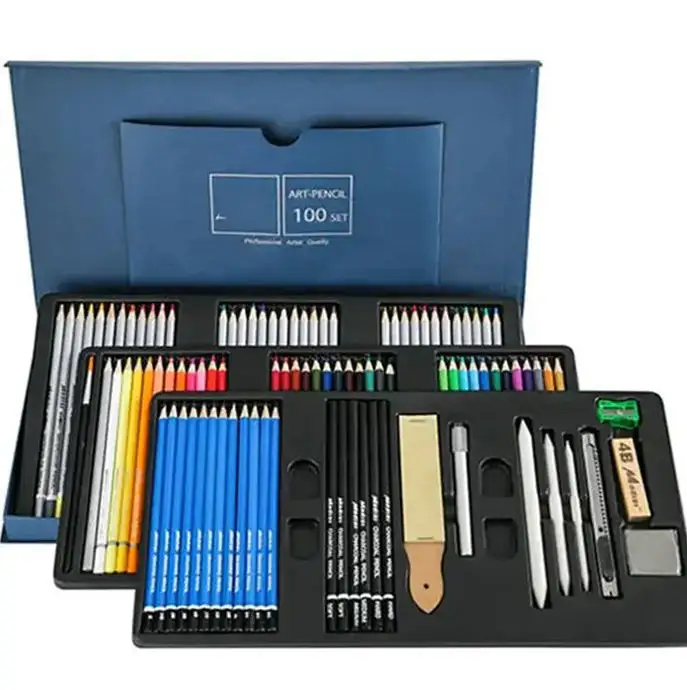 مجموعة أقلام رصاص خشبية ملونة مستديرة ومصممة لتصميم معماري متوفرة بعدد 100 و120 قطعة متعددة الألوان مع صندوق للبيع بالجملة