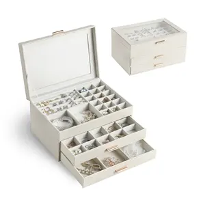 Groothandel Luxe Grote Pu Lederen 3-laags Lade Juwelendoos Met Glazen Deksel Sieraden Ring Oorbel Ketting Horloge Gift Organizer