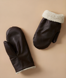 Leather Winter <b>Mittens</b> With Faux Fur Cuff Thermal Wrist Length Outdoor Plain Style - Product Image 1