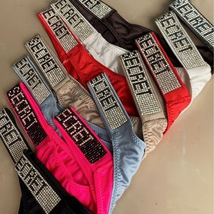 Wholesale Sexy Solid Pattern <strong>Nylon</strong> XL <strong>Panties</strong> Women's Low-Rise Thong Briefs with Rhinestones Logo Waist Thin Knitted Material - Product Image 4