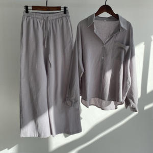 Completo Casual Retrò da Donna 2 Pezzi Taglie Forti in Cotone Camicia + <span class=keywords><strong>Pantaloni</strong></span> Lunghi a Vita Alta Elastica Gamba Dritta e Larga - Product Image 2