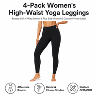 Lot de 4 leggings de yoga et de danse noirs, taille haute, longueur intégrale, effet ventre plat, en tissu personnalisé, grande taille, pour entraînement et gym