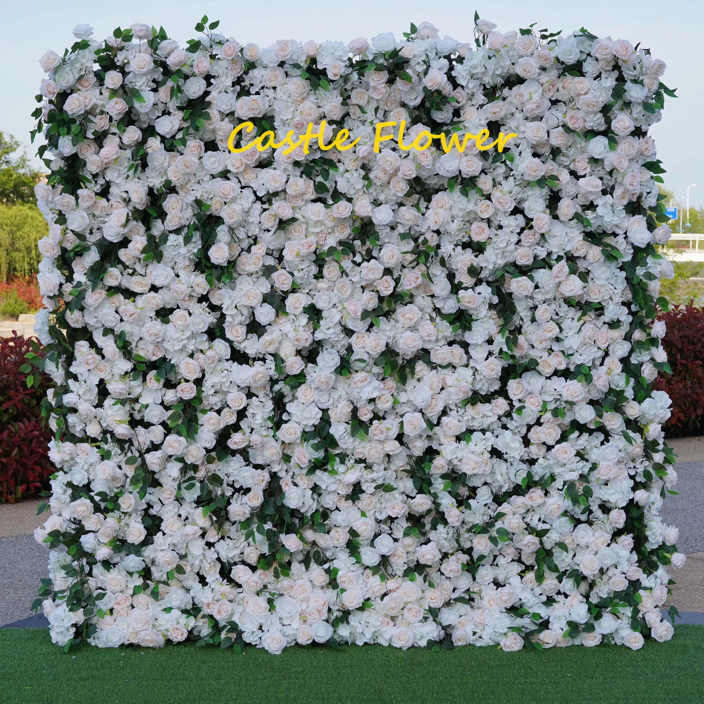 O-W001 Customized Wedding Decor 5D Roll Up Cloth Flower Walls Pink Rose Wedding Artificial Silk Flower Wall Panel Backdrop