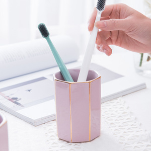 Luxury Elegant Light Purple Polygonal <strong>Trimmed</strong> Ceramic Bathroom Set, ABS Pump Soap Dispenser &amp; Tooth Cup <strong>Bath</strong> Grooming Organizer - Product Image 4