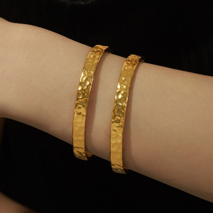 <strong>Stainless</strong> <strong>Steel</strong> 18K Gold Plated Geometric Irregular Concave Convex Hammer Surface Trendy Bangle Women's <strong>Jewelry</strong> Waterproof - Product Image 2
