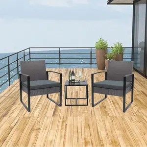 3 Pieces Outdoor Wicker Mobiliário Pátio Define Modern Bistro Set Rattan Sofá Set com Mesa de Café para Quintal Varanda Jardim