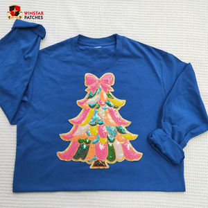 新しいカスタマイズされた卸売ホリデーボウクリスマスツリー大きなキラキラスパンコール刺繍スティックアイロンパッチ服 - Product Image 6