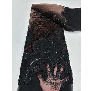 Tela de Encaje de <span class=keywords><strong>Terciopelo</strong></span> de Lujo al por Mayor de Alta Calidad, Bordada con Cuentas, Tul Francés con Lentejuelas, para Vestido de Novia o de Noche, 5 Yardas - Product Image 5