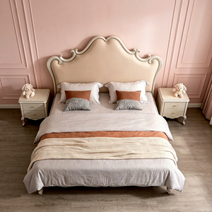 Premium Queen Size <b>Bed</b> With Beige Leather Scalloped Scroll Carved Upholstered Headboard For French Country Bedroom - Product Image 1