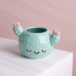 Bonita maceta redonda pintada <span class=keywords><strong>a</strong></span> <span class=keywords><strong>mano</strong></span> con forma de cactus, maceta de cerámica para bonsái, maceta inteligente, regalo para niños - Product Image 3