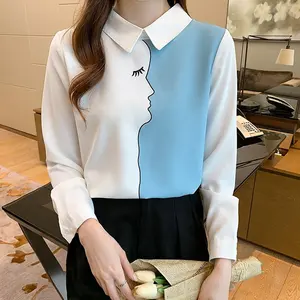 Dames Lente Herfst Vintage Stiksel Print Blouses Koreaanse Elegant Kantoor Shirt Lange Mouw Shirt Dames Chiffon Blouse Top