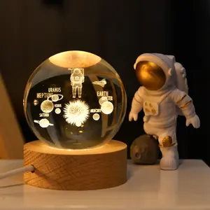 Boule de cristal Laser gravée galaxie 3d avec éclairage Led Base en bois