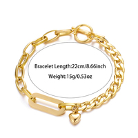 Pulsera de Cadena Mixta Chapada en Oro Real de 18K con Eslabones Ovalados de Acero Inoxidable, Cadena Cubana y Dije de Corazón con Cierre T/O