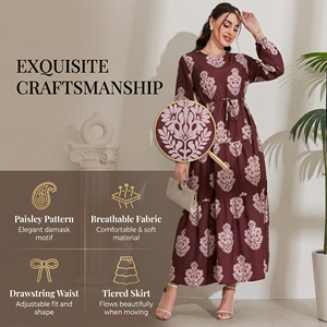 ชุดเดรสพิมพ์ลายมุสลิมสำหรับผู้หญิง ความยาวเต็มตัว เอวผูกเชือก สไตล์เรียบร้อย ขายส่ง - Product Image 3