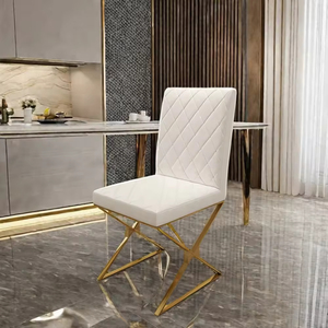 Chaise de salon/hôtel moderne haut de gamme en acier inoxydable doré avec coussin de siège en cuir PU noir et dossier - Product Image 5