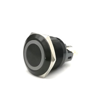 Bouton-poussoir lumineux étanche IP67 en aluminium noir oxydé, momentané, 24V, anneau bleu, 22mm