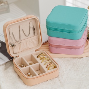 Hot Selling Mini Square Leather Jewelry Organizer Box Factory Direct Travel Storage <b>Case</b> with Zipper for Rings <b>Earrings</b> Necklace - Product Image 3