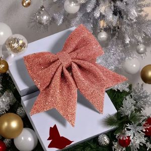 Nœud de Noël en polyester rose pailleté or rose, fait main, avec ruban métallique scintillant, pour sommet d'arbre, couronne, guirlande et ornements - Product Image 1