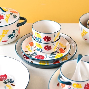 Set di Stoviglie in Ceramica <span class=keywords><strong>Morna</strong></span> Rose con Bordo Blu, Design Creativo e alla Moda, Include Ciotole, Piatti, Cucchiai e Pentole - Product Image 4