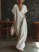 Robe longue en coton et lin, coupe trapèze, col en V, ornée de dentelle, élégante et confortable, style décontracté, très populaire en Europe et en Amérique