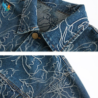 Veste en jean brodée oversize pour homme, ourlet déchiré, patchwork, streetwear, coupe décontractée, boutonnée, pour le quotidien