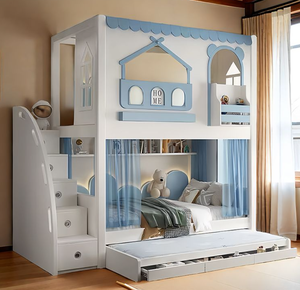Lit <span class=keywords><strong>de</strong></span> princesse multifonctionnel en bois massif avec toboggan et armoire, lit superposé pour enfants avec toboggan - Product Image 4