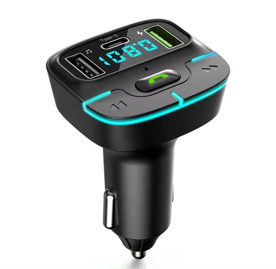 Car Bluetooth 5.3 FM Transmitter PD Type C Dual USB Fast Charger Colorful Ambient Light Handsfree MP3 Play Modulator