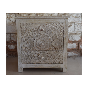 Table de chevet traditionnelle en bois sculpté à 3 tiroirs meubles de chambre en bois massif Design moderne - Product Image 2