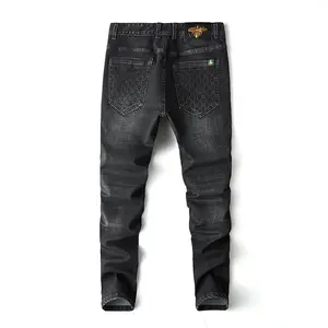 2023 Spring and autumn style black gray elastic casual jeans men's small bees trend high-grade pants