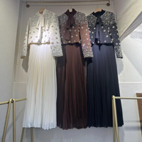 Ensemble formel modeste deux pièces, haut à manches longues perlé, robes longues plissées sans manches, robe de soirée islamique de luxe pour femmes, Eid