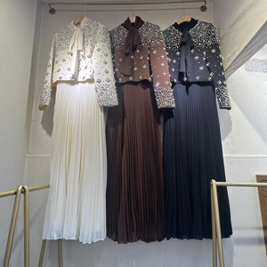 Ensemble formel modeste deux pièces, haut à manches longues perlé, robes longues plissées sans manches, <span class=keywords><strong>robe</strong></span> de soirée islamique de luxe pour femmes, Eid - Product Image 4