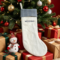 Sac de Noël personnalisé avec logo, réutilisable, portable, style chaussette, en toile de coton légère de qualité supérieure, avec revers à carreaux, pour friandises et cadeaux