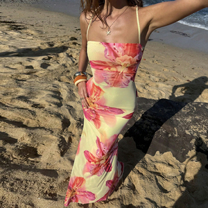 Summer Beach Vacation Contrast Floral Print Cami Dress Open Back <b>Tie</b> Detail Low Waist Slim Fit Straight Column Dress - Product Image 3