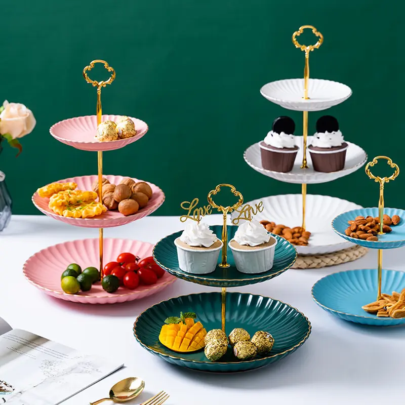 Assiette ronde créative à 2 ou 3 niveaux, support à gâteau avec bord doré, assiette en céramique, assiettes en mélamine, vaisselle