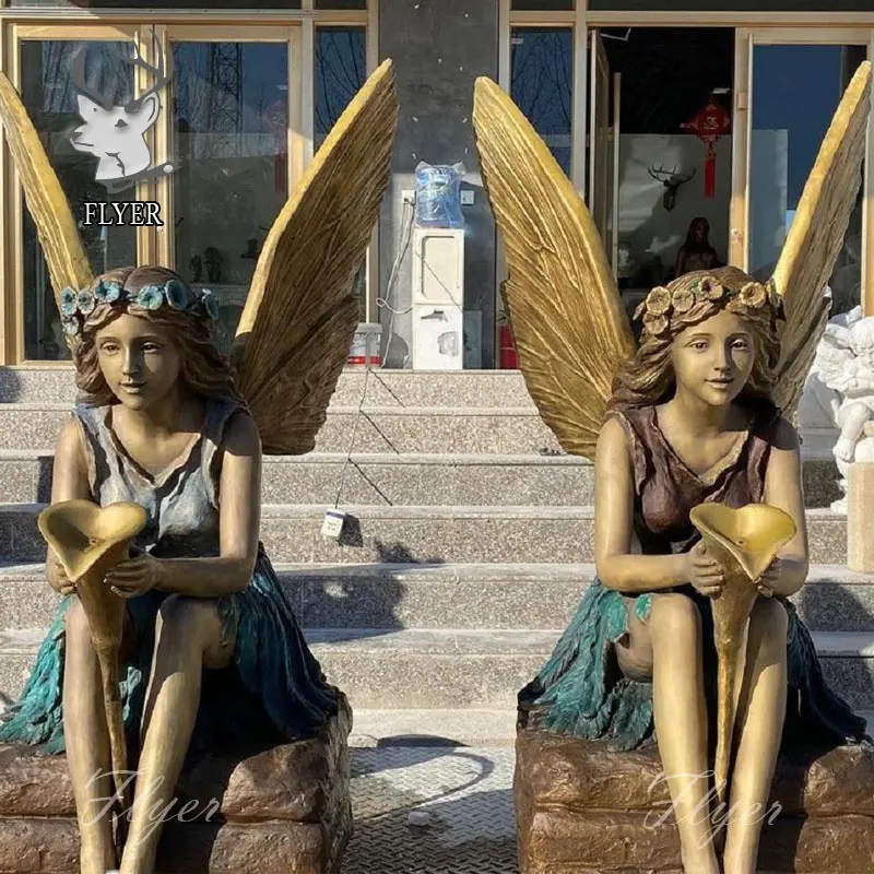 Decoração exterior Metal Craft Ajoelhado vida tamanho alado estátua do anjo Bronze chorando estátua Monumental Angel