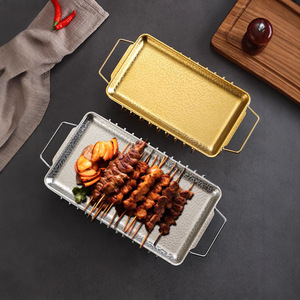 Stainless Steel Rectangular Grill Pan With Handles For Kebab And Meat Skewers Restaurant Use - Product Image 1