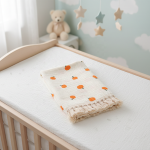 ผ้าห่มเด็กทารกคุณภาพสูง ผ้าก๊อซพิมพ์ลายผลไม้ พร้อมพู่ห้อย ผ้าห่อตัวเด็กอ่อน ผ้าคลุมเด็ก ผ้าห่มรถเข็นเด็กแบบมุสลิม - Product Image 2