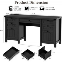 Bureau d'étude informatique transfrontalier noir de style minimaliste à double tiroir avec rangement fermé, sans peinture, idéal pour la maison