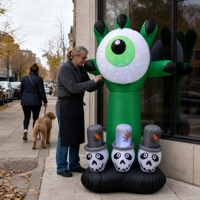 Décoration de jardin gonflable pour Halloween, monstre à un œil, éclairé avec main de fantôme et crânes, pour fêtes et événements en extérieur