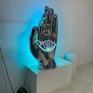 Custom Futuristic Mirror Chrome <strong>Hand</strong> Sculpture LED Neon Eye Installation Fiberglass <strong>Statue</strong> - Product Image 3